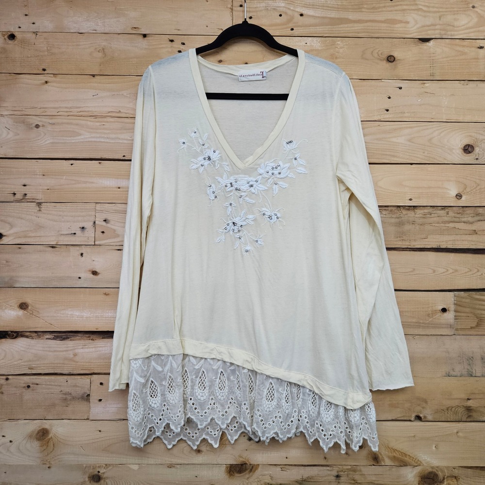 4 Love and Liberty Johnny Was Cream Rhinestone Eyelet Lace Hem Tunic Top XL